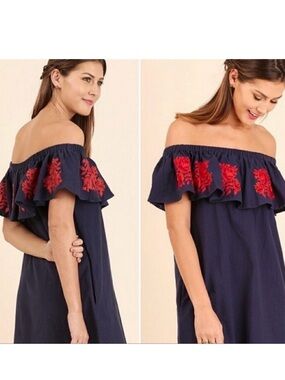 UMGEE Navy off the shoulder women’s dress with red flower embroidery.